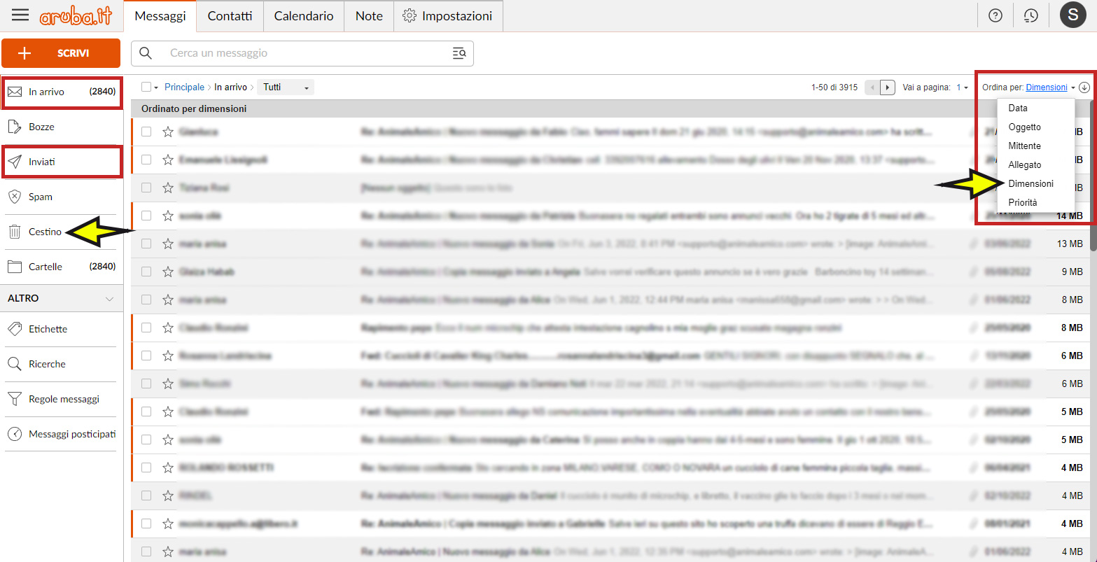 Webmail Aruba dimensione delle email
